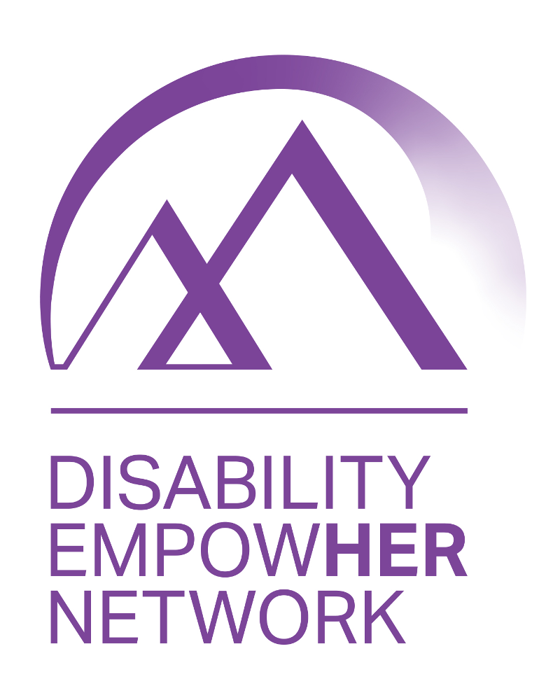 Disability EmpowHer Network logo: Two triangular mountains interconnected with a growing circular horizon over it. Under the mountains, words read: DISABILITY EMPOWHER NETWORK. Logo is purple on a white background.