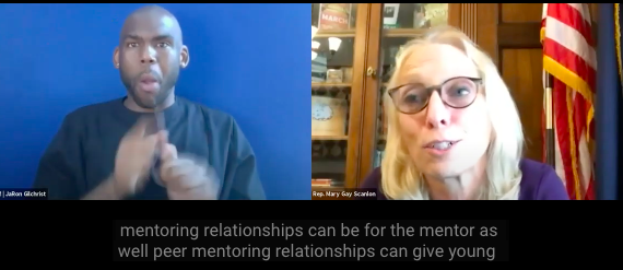 Image of interpreter on left and Rep Scanlon on right