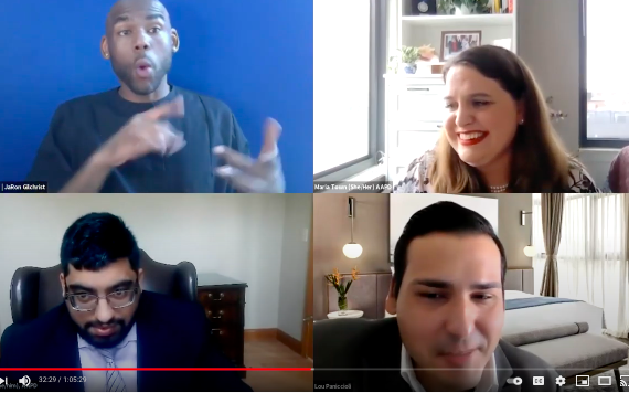 Zoom webinar with Maria Town, Lou, Hamza and the interpreter in 4 quadrants.