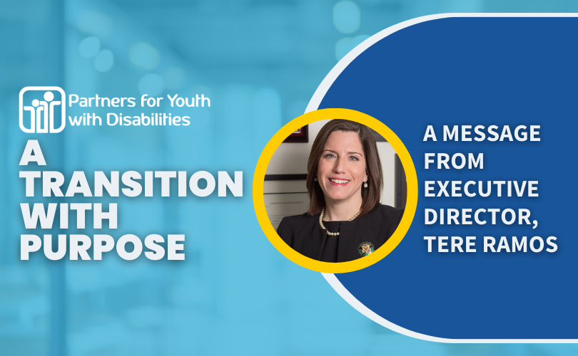 PYD logo. Text reads: "A transition with a purpose; a message from Executive Director, Tere Ramos"