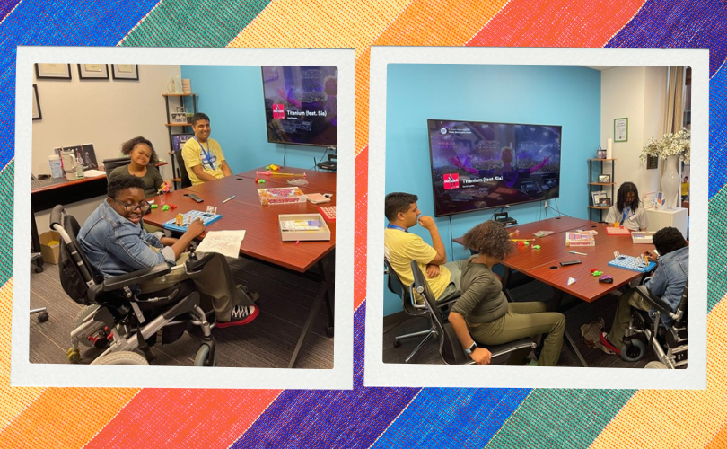 Two photos on a rainbow background. The left shows participants in a conference room, around a large table, working on a craft while listening to music. The right shows the same participants, but at a different angle.