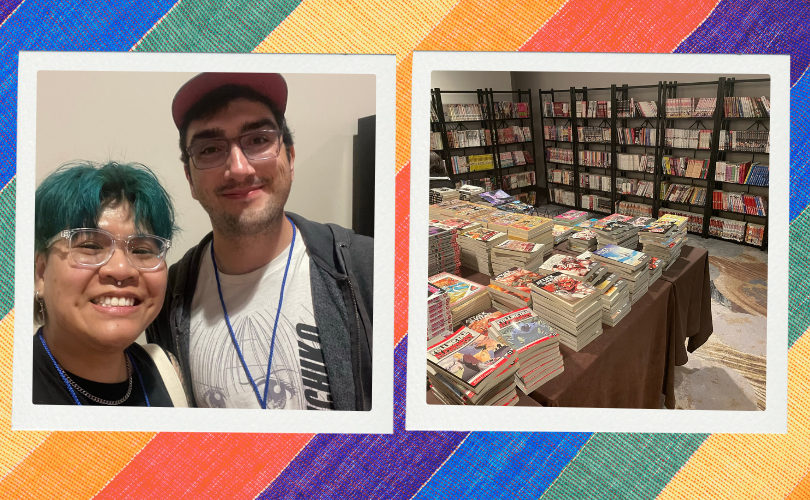 Left - Micah Luen and their partner. Right - a large room with books, the library at Anime Boston.