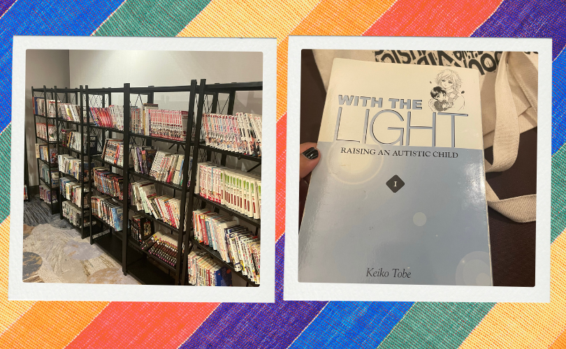 Left - several manga comic books on shelves at Anime Boston. Right - Keiko Tobe's With The Light: Raising an Autistic Child.