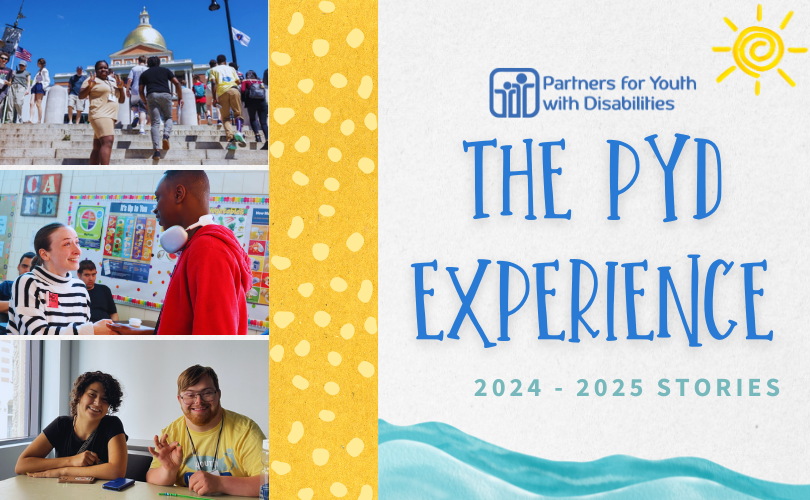 PYD logo. Blue text on a white background - "The PYD Experience. 2024 - 2025 stories. There are three photos of PYD participants in various programs to the left of the banner.