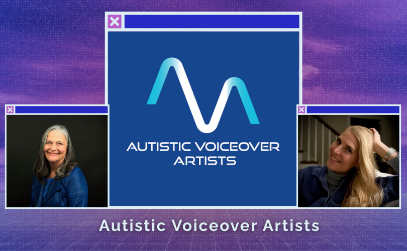 From left to right: Heidi, a smiling white woman with silver and gray hair curled at her shoulders. Wearing a cobalt blue jacket and standing in front of a black studio screen., AVA logo, Robin, a smiling, white woman with flowing blond hair across her shoulder. Resting her head in her hand as she leans into the back of a chair.